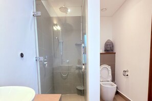 Douche, sèche-cheveux, serviettes fournies, papier toilette