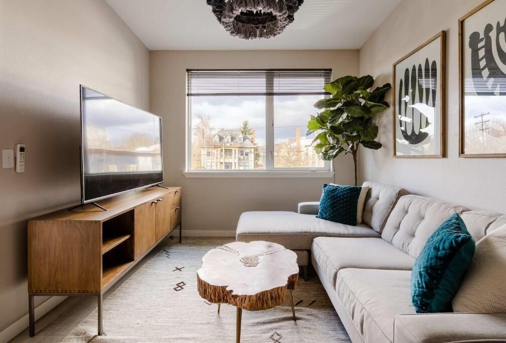 A living room with a television on a wooden stand, a white sofa with teal cushions, a round coffee table, and a large plant.
