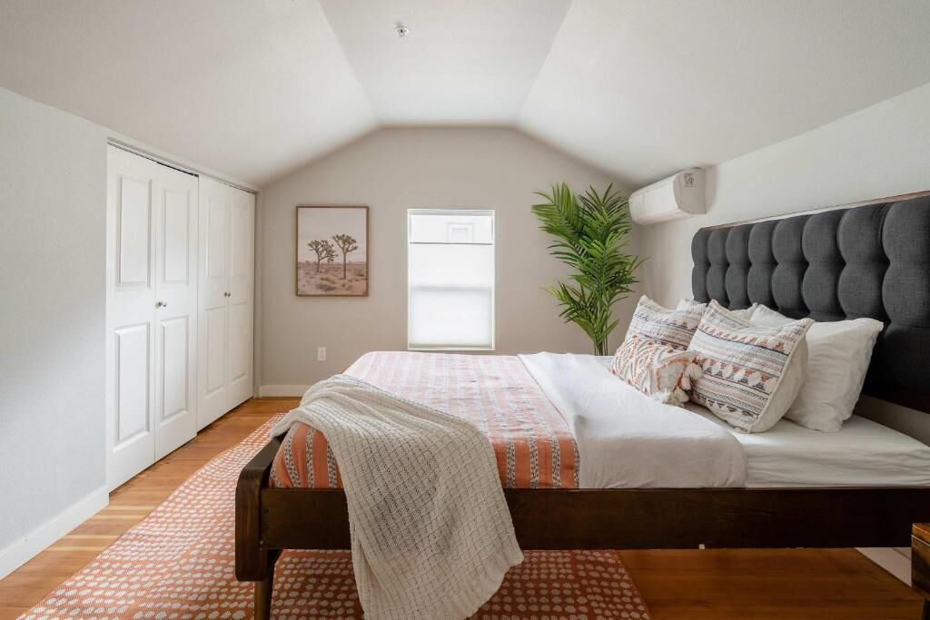 A bedroom with a bed, a window, a plant, and a door.