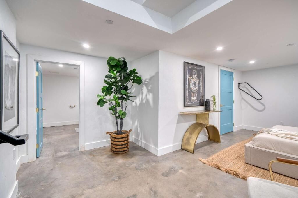 A modern interior with a concrete floor, a potted plant, a framed artwork, a blue door, and a bed.