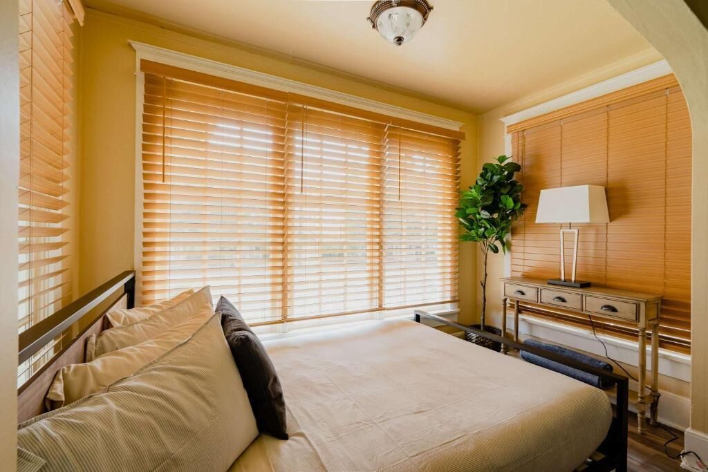 A bedroom with a bed, bedside table, lamp, and a potted plant.