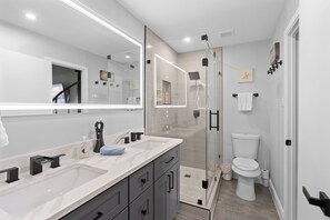 Hair dryer, towels, soap, toilet paper