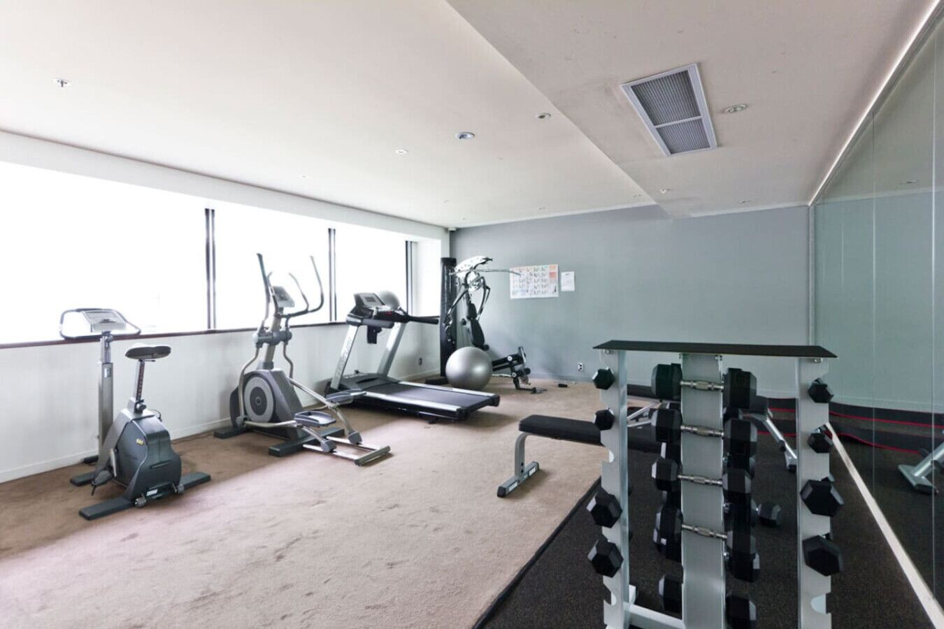 A gym with cardio machines, a treadmill, and weightlifting equipment.