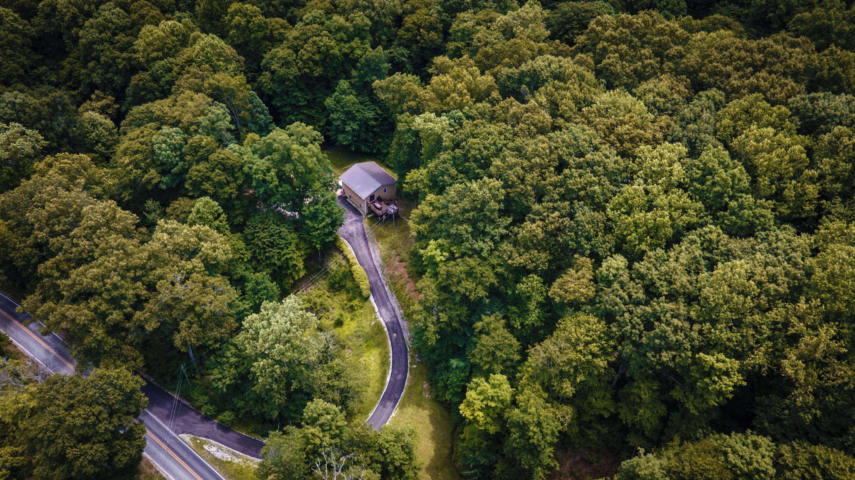 Vista aérea de uma área arborizada com uma estrada sinuosa e um pequeno edifício.