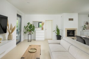 Ein modernes Wohnzimmer mit einer Couch, einem Couchtisch, einem Flachbildfernseher, einem Kamin und Topfpflanzen.