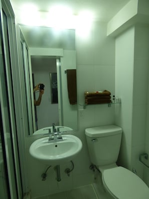 Ein Badezimmer mit Waschbecken, Toilette und einer Duschkabine aus Glas.