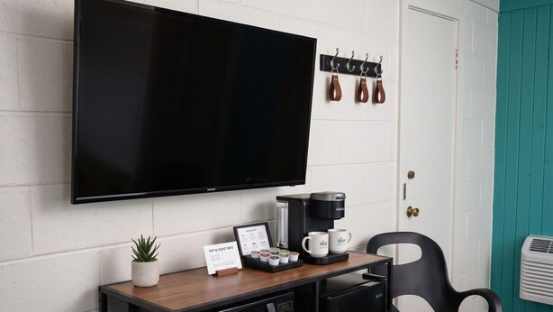 Habitación de hotel compacta con televisión de pantalla plana, cafetera, una planta pequeña, un cartel con información de WiFi e información para huéspedes, microondas y una silla negra.