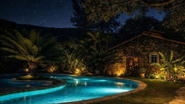 A nighttime swimming pool with a stone house and palm trees.