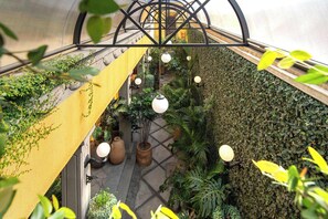 A greenhouse with plants, hanging lights, and a yellow wall. - Casa del Sol. 4 bedrooms + garden | 8 guests (Mexico City)