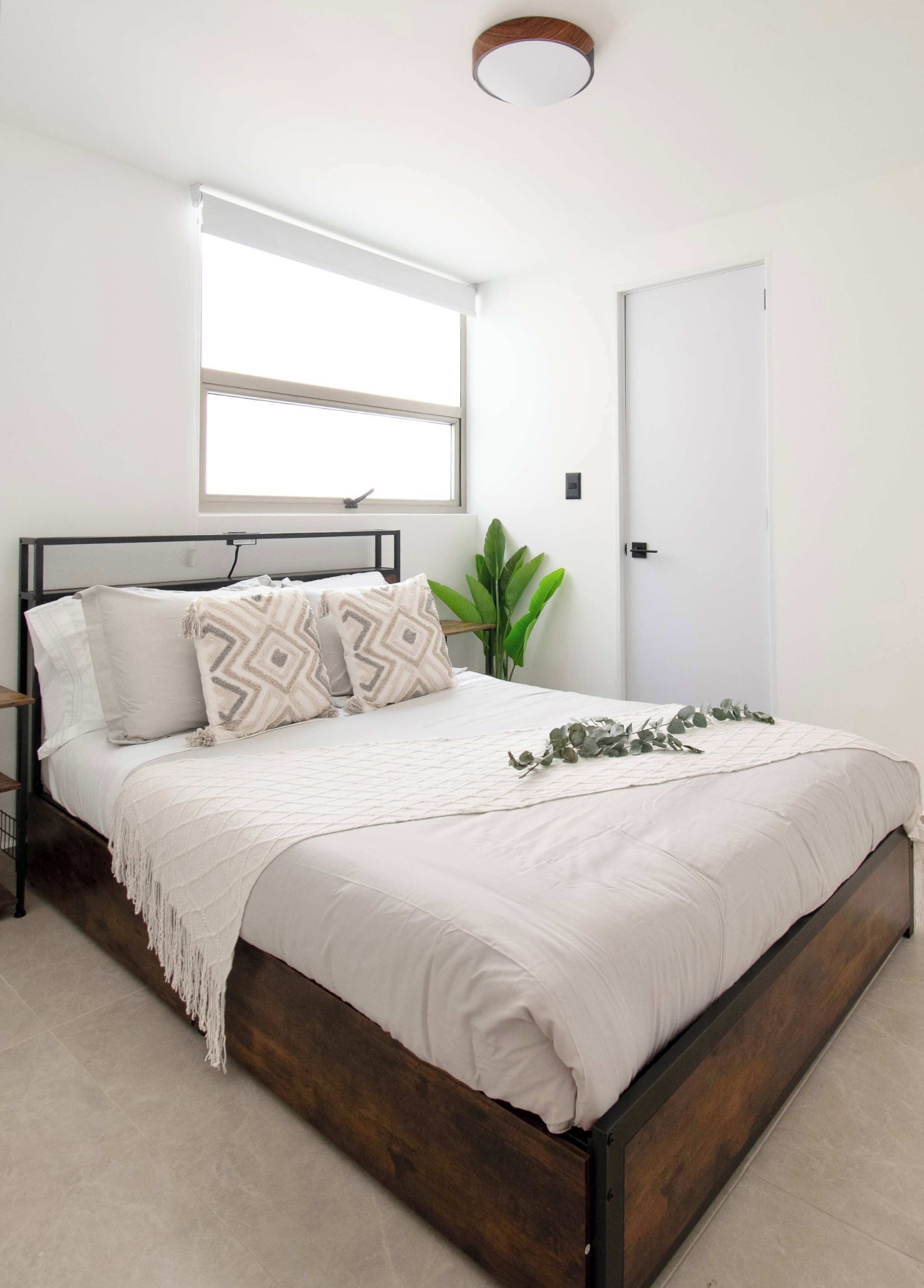 Un dormitorio con cama, ventana, puerta y una planta.