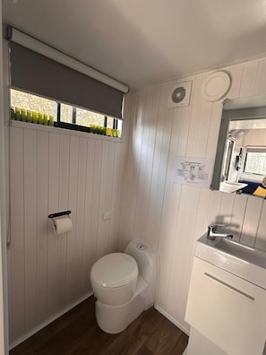 Shower, hair dryer, towels, shampoo