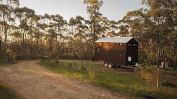 A small, single-story wooden structure with a metal roof, surrounded by a forested area with a dirt path leading to it.