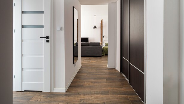 A hallway with a white door, a dark wooden floor, a gray sofa, and a hanging pendant light. - Solec Powiśle Chic Apartment (Warszawa)