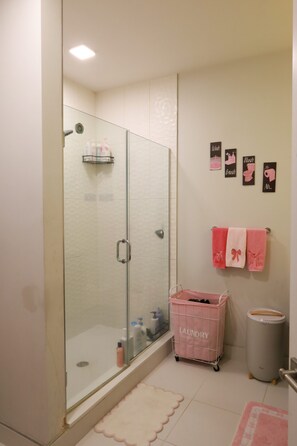 Shower, towels, toilet paper