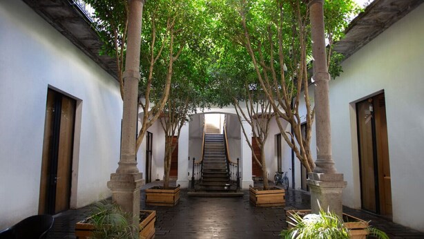 A covered corridor with a central staircase, flanked by columns and potted plants.