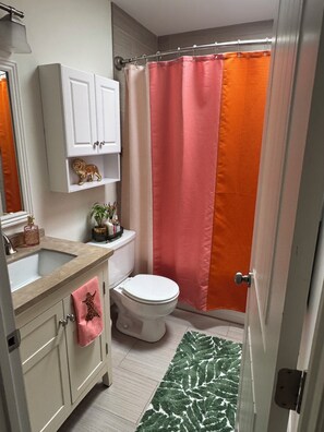 Douche, serviettes fournies, papier toilette