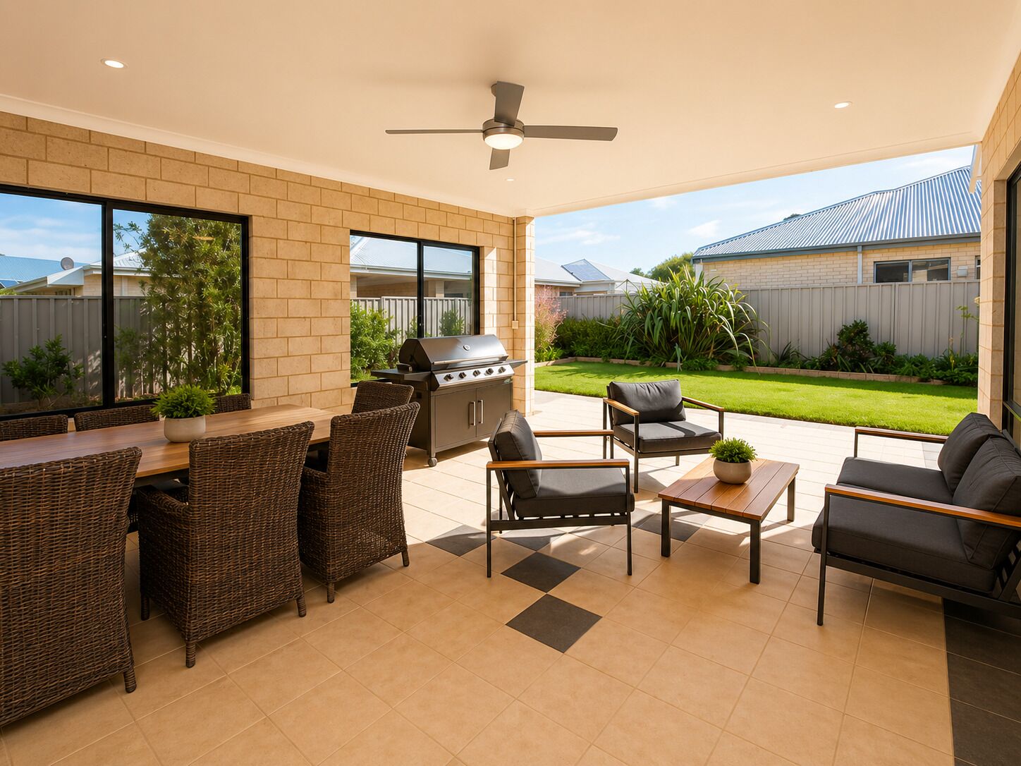 Une terrasse dotée de meubles en osier, d’un barbecue et d’un ventilateur de plafond.