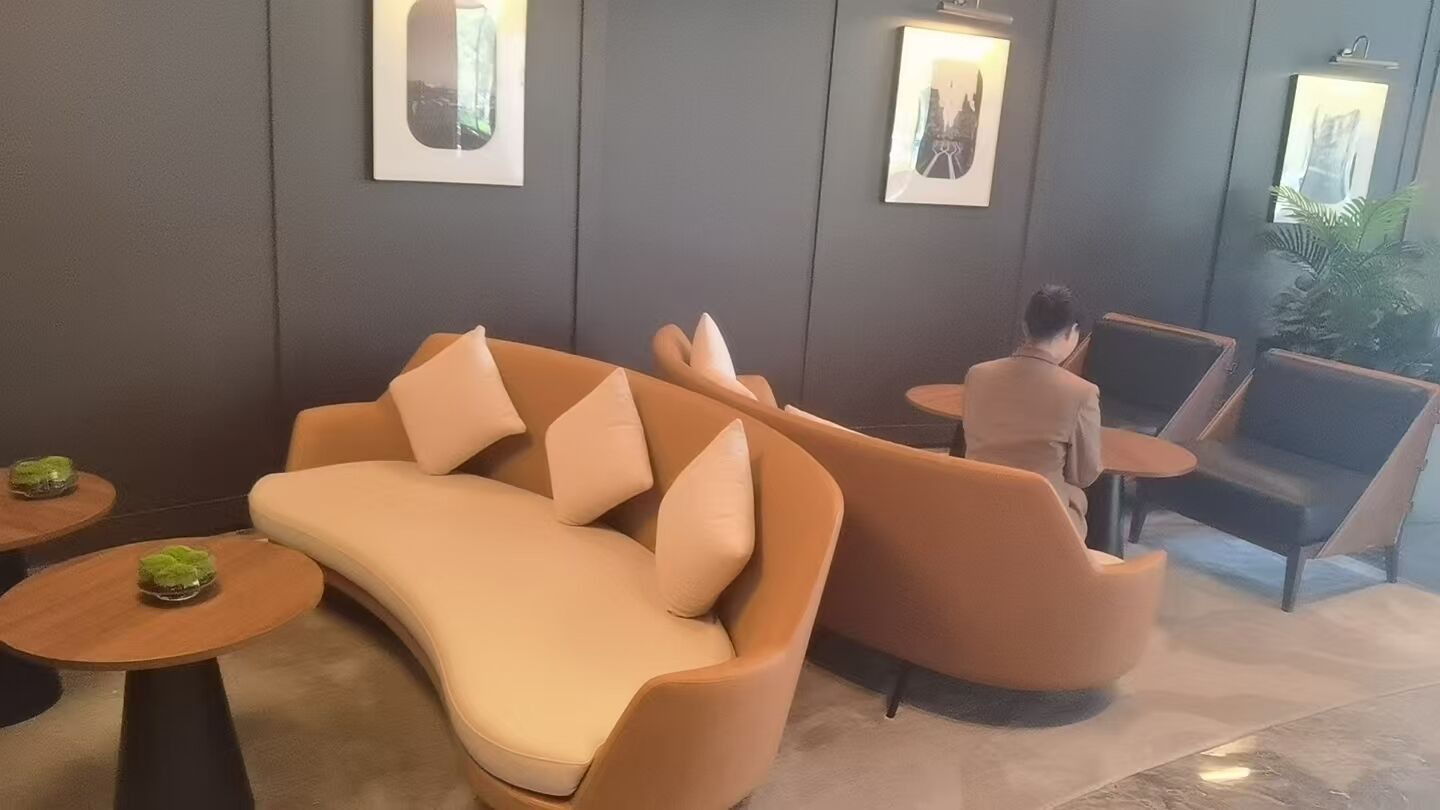 A modern lounge area with sofas and tables, framed artwork on the walls, and a potted plant.