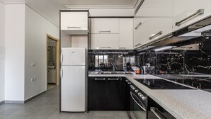 Een moderne keuken met een koelkast, fornuis en een zwart marmeren aanrecht.