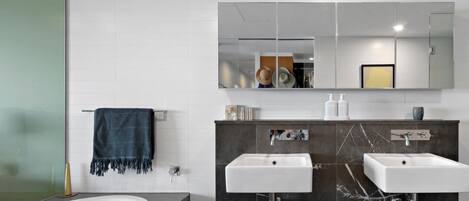 Hair dryer, towels, soap, toilet paper
