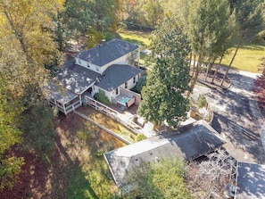 Outdoor: Bristol Gardens Aerial View, All Paved Parking Spaces for 4 Vehicles - Bristol Gardens, Man cave, Courtyard w/ Firepit (Sautee Nacoochee)