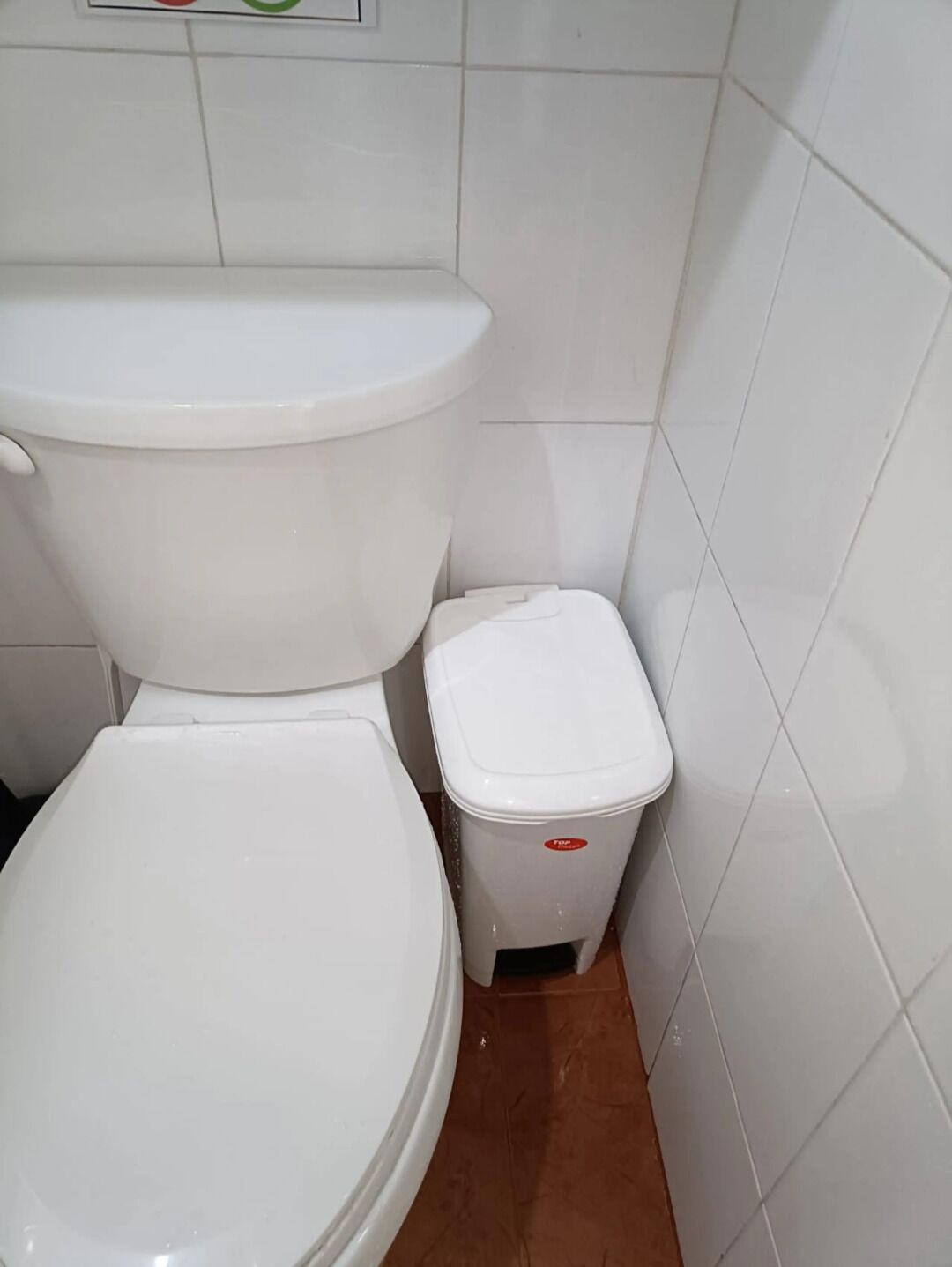 A small bathroom with a toilet and a trash bin.