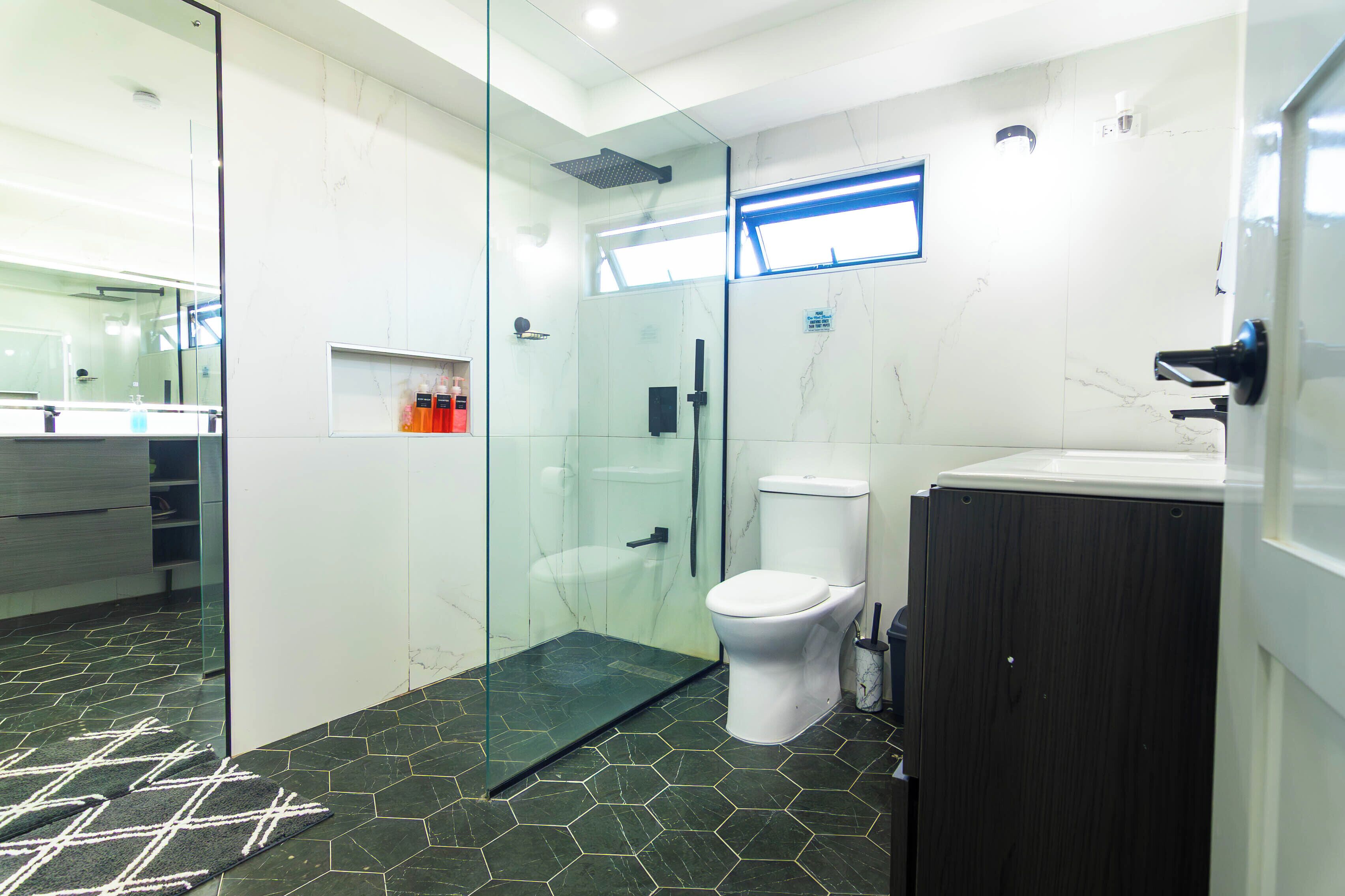 Hair dryer, towels, soap, shampoo