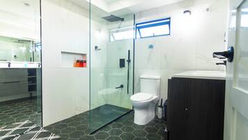 Hair dryer, towels, soap, shampoo