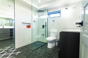 Hair dryer, towels, soap, shampoo