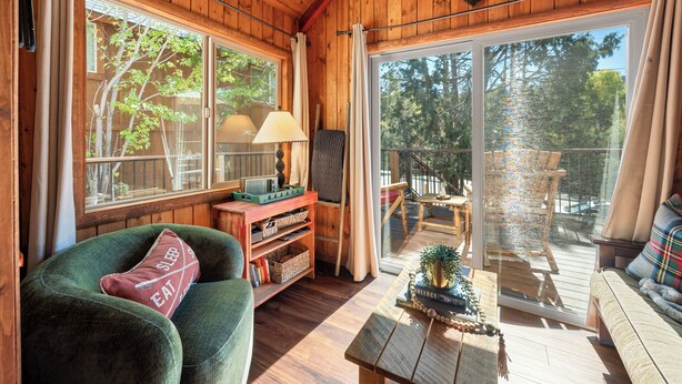L’intérieur chaleureux d’un chalet avec un canapé vert, des étagères en bois, une table avec une lampe et une porte-fenêtre coulissante donnant sur une terrasse.