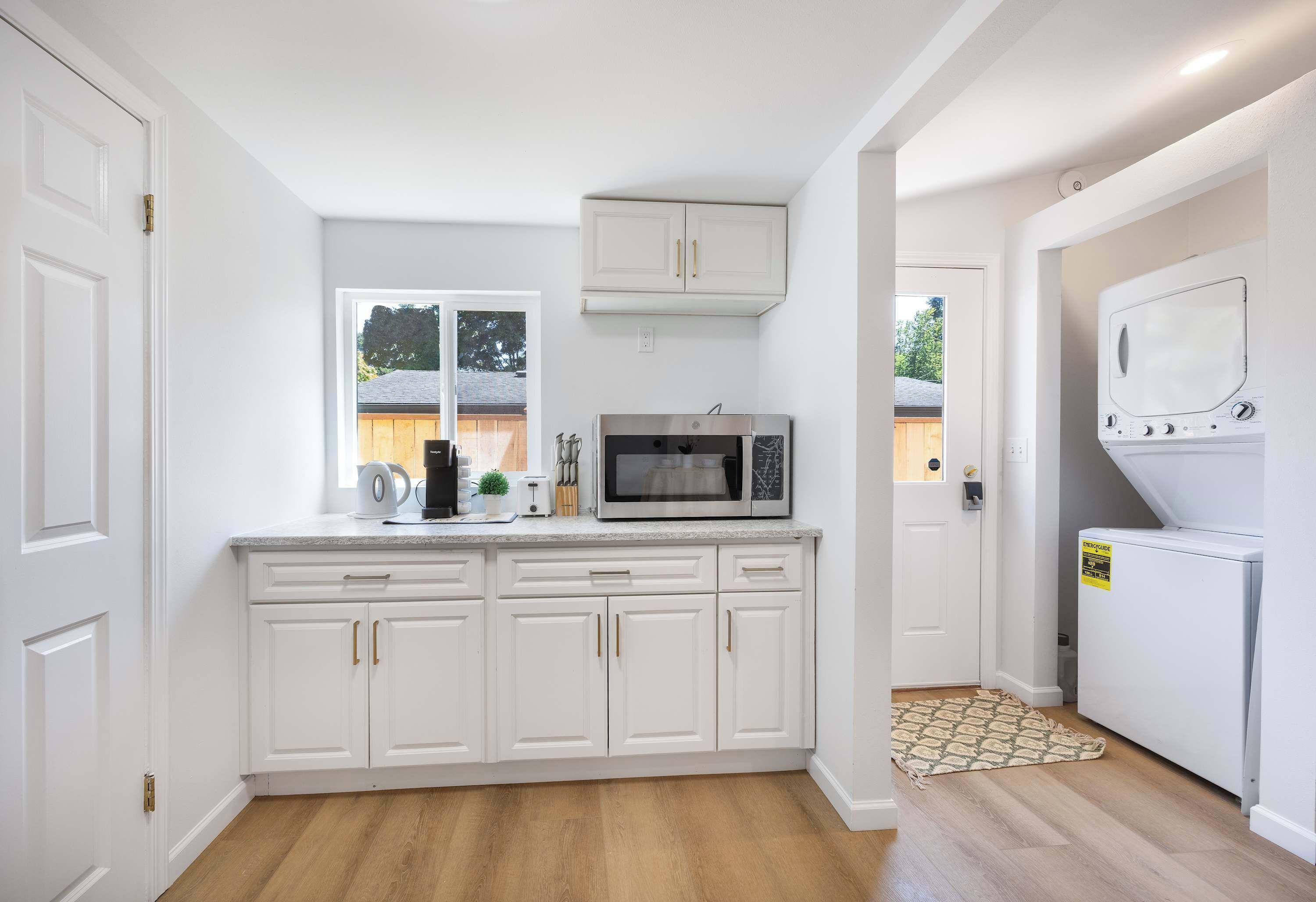 Fridge, microwave, coffee/tea maker, electric kettle