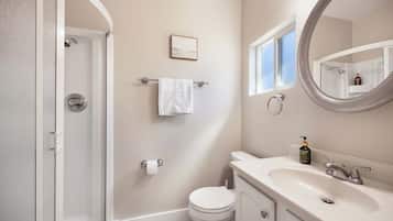 Shower, hair dryer, towels, shampoo
