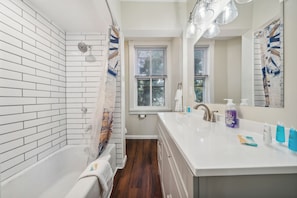 Hair dryer, towels, soap, toilet paper