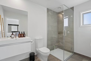 Dusche, Haartrockner, Handtücher, Shampoo