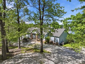 Exterior - Big Lakefront Lodge with Private Dock, 2 Slips, Game Room, Firepit & More at 11mm (Sunrise Beach)