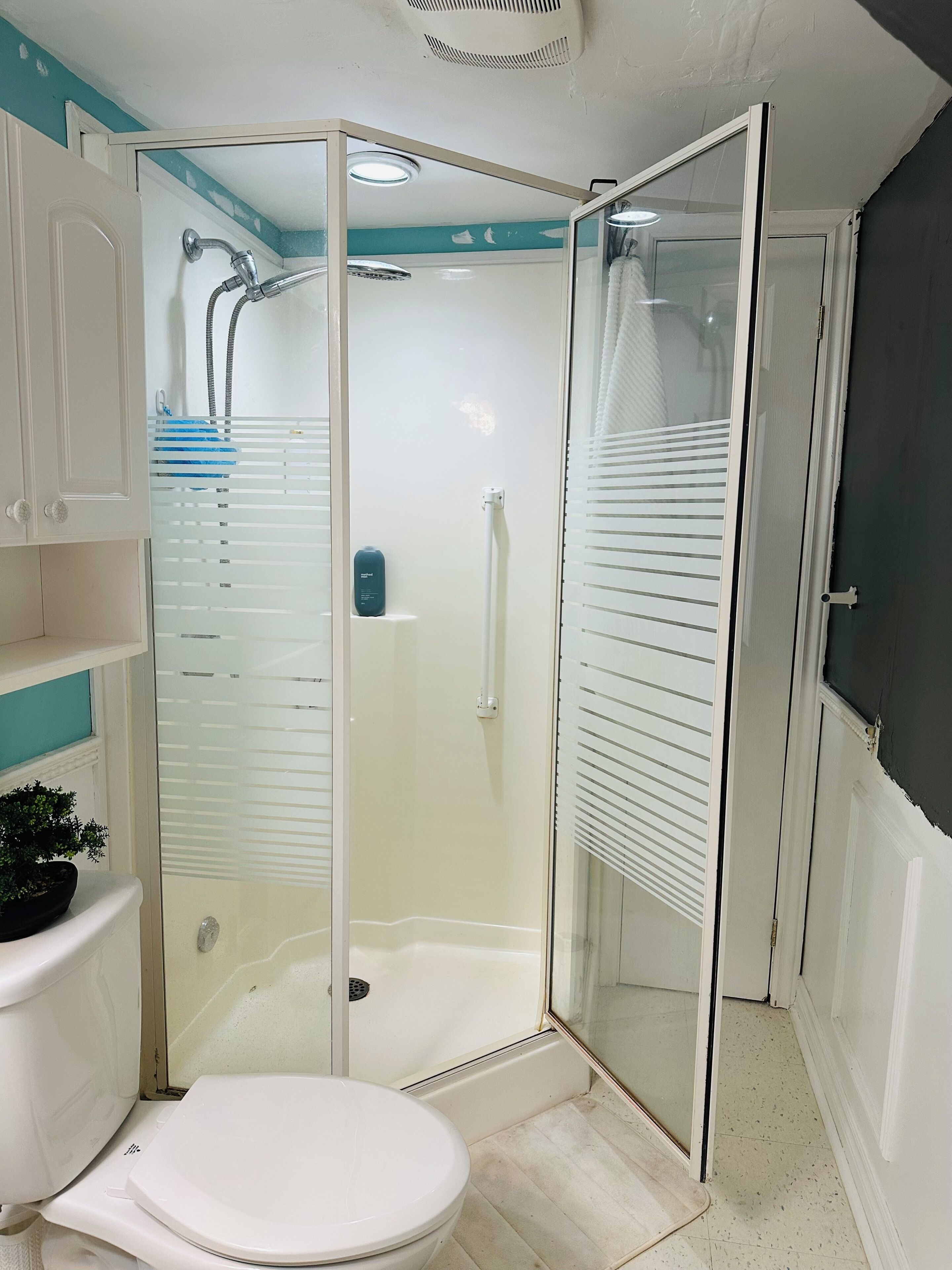 Shower, hair dryer, bidet, towels
