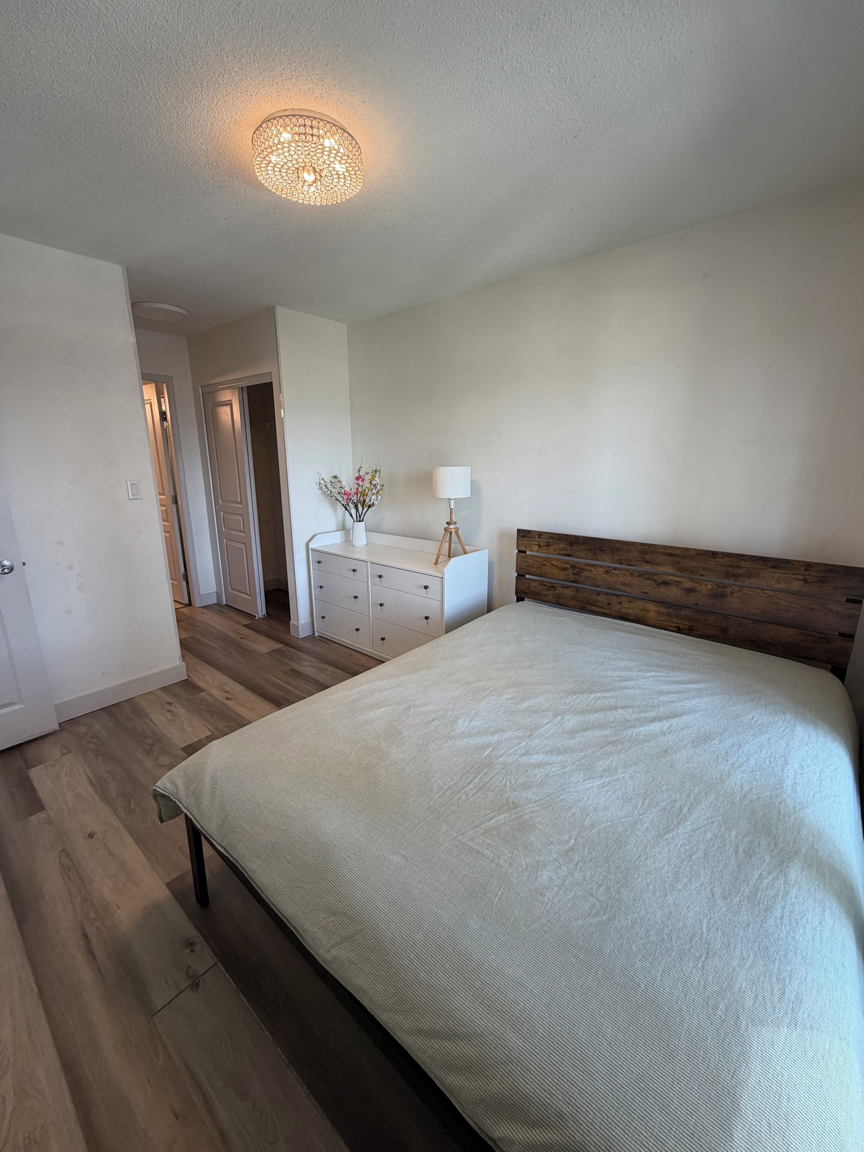 A bedroom with a large bed, a dresser, a lamp, and a ceiling light fixture.