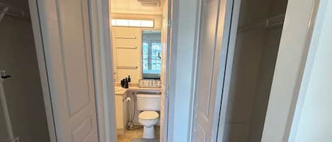 Hair dryer, bidet, soap, toilet paper