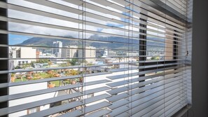 Ein Zimmer mit horizontalen Jalousien, Blick auf eine Stadtlandschaft mit Gebäuden und Bergen sowie ein Balkon mit Blumentöpfen.