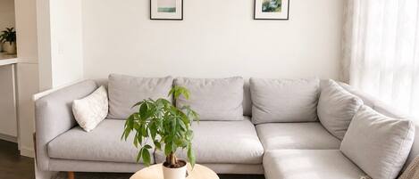 A modern living room with a grey sofa, a round wooden coffee table with a potted plant, and two framed pictures on the wall.