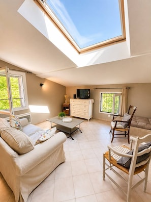 A spacious living room with a skylight, a sofa, a chair, a TV, and a cabinet.