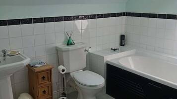 Hair dryer, towels, soap, toilet paper