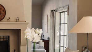 A living room with a sofa, a table with a plant, a fireplace, and a window with curtains. - Luxury Provencal House - Pool, Nature & spa (Villes-sur-Auzon)