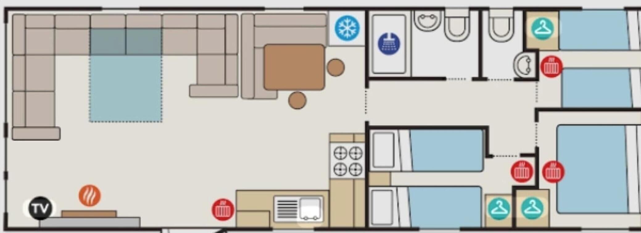 Ein Hotelzimmer mit Wohnbereich, Küche, Essbereich und zwei Schlafzimmern.