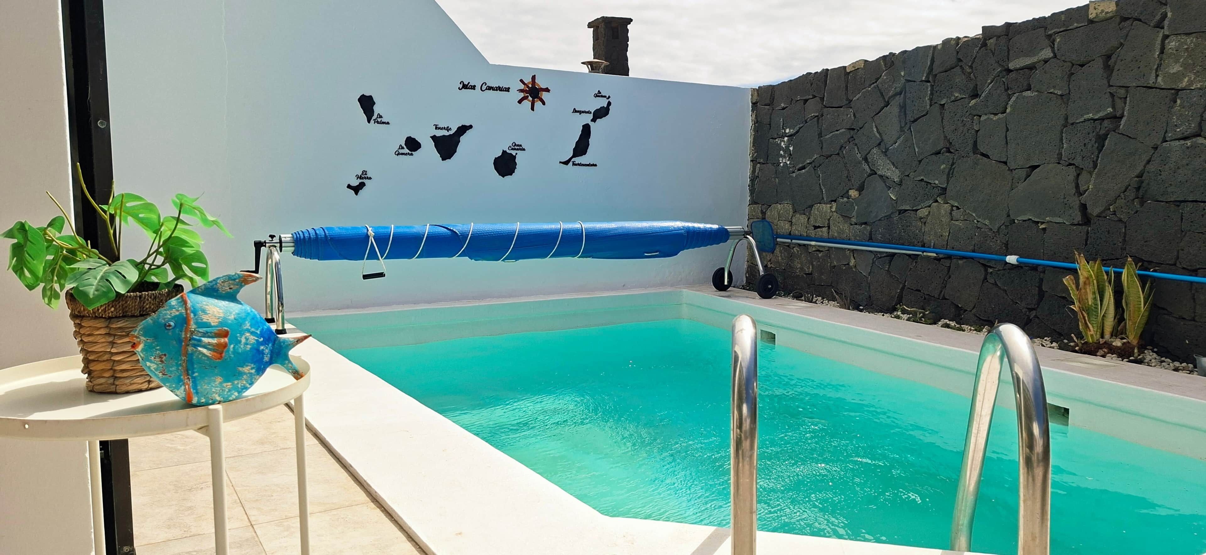 Une piscine avec un mur en pierre, un escalier bleu pour y accéder et une sculpture de poisson décorative.