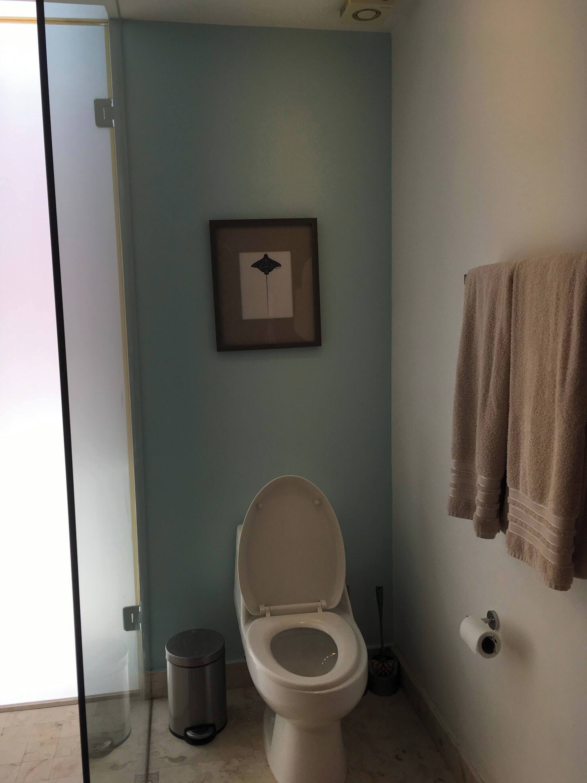 A bathroom with a toilet, a trash bin, a framed picture on the wall, and a towel rack.