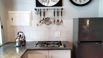 Frigorífico, microondas, placa de cocina y tostadora
