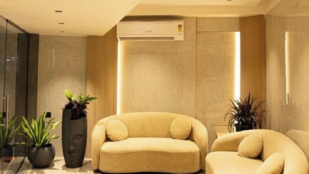 Un interior moderno con un sofá color beige, un sillón más pequeño y plantas en macetas.