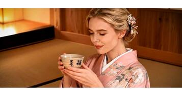 Eine Person in traditioneller Umgebung, die eine Schale mit japanischen Schriftzeichen hält, in einem Raum mit Holzboden und niedrigem Tisch.