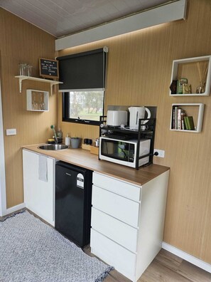 Fridge, microwave, stovetop, electric kettle